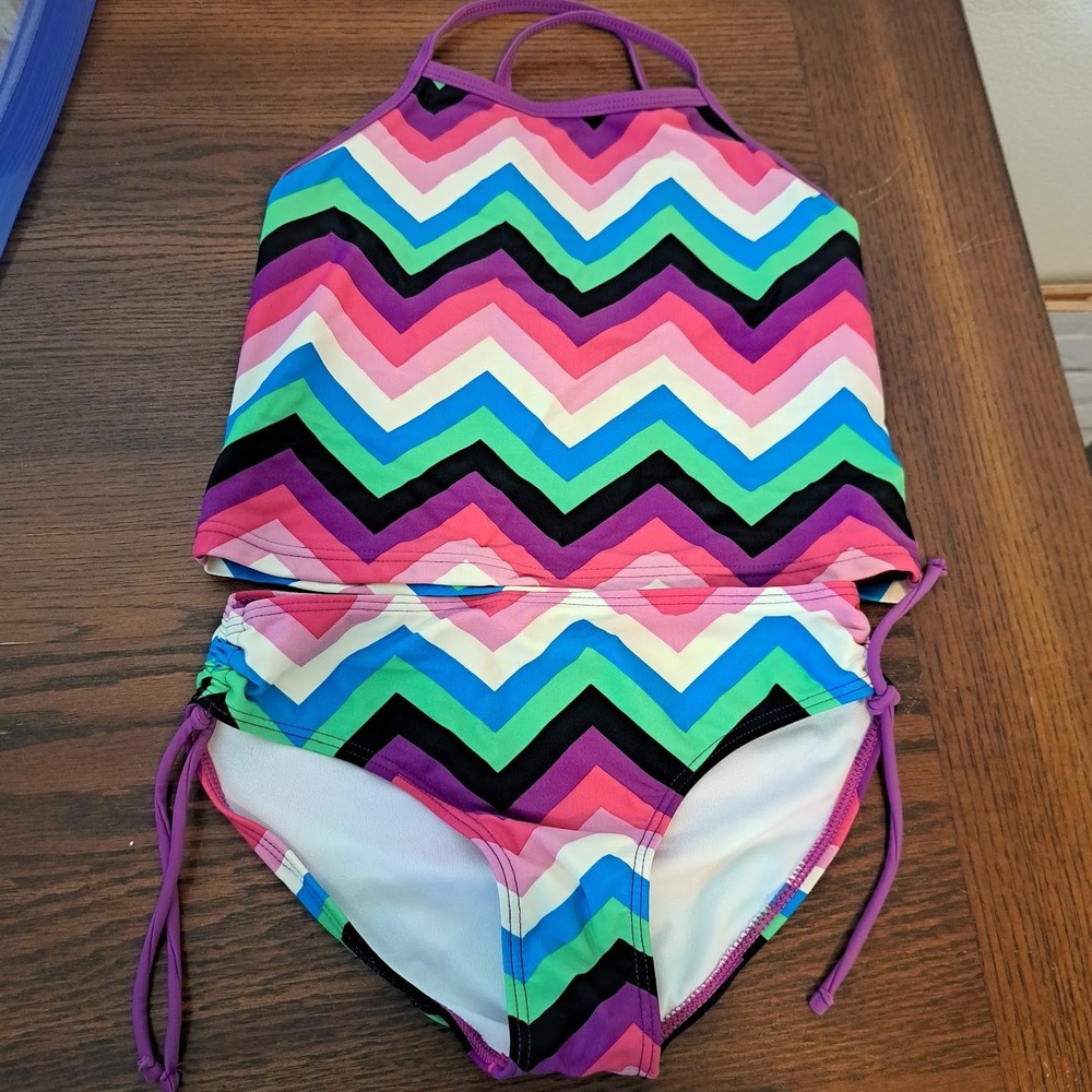 Kanu Surf Girls Size 10 Multicolor Chevron Tankini 2 Piece Swimsuit Pink Blue